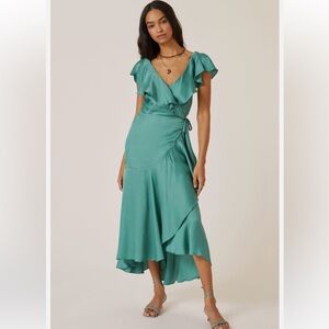 Anthropologie Ruffle Sleeve Wrap Maxi Teal Dress